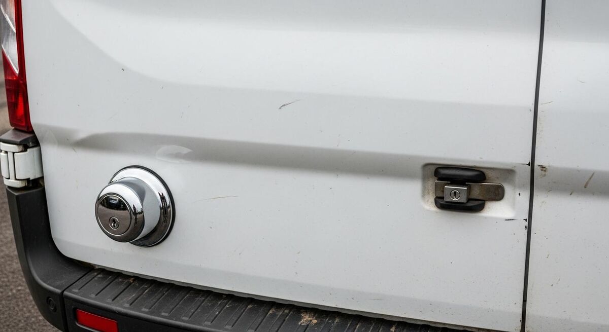 Aftermarket deadlock fitted to a Ford Transit Custom rear door, viewed from outside
