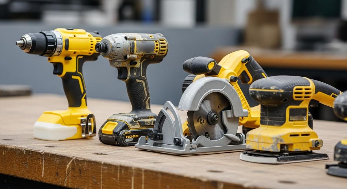 A row of new and used cordless power tools side by side on a workshop bench
