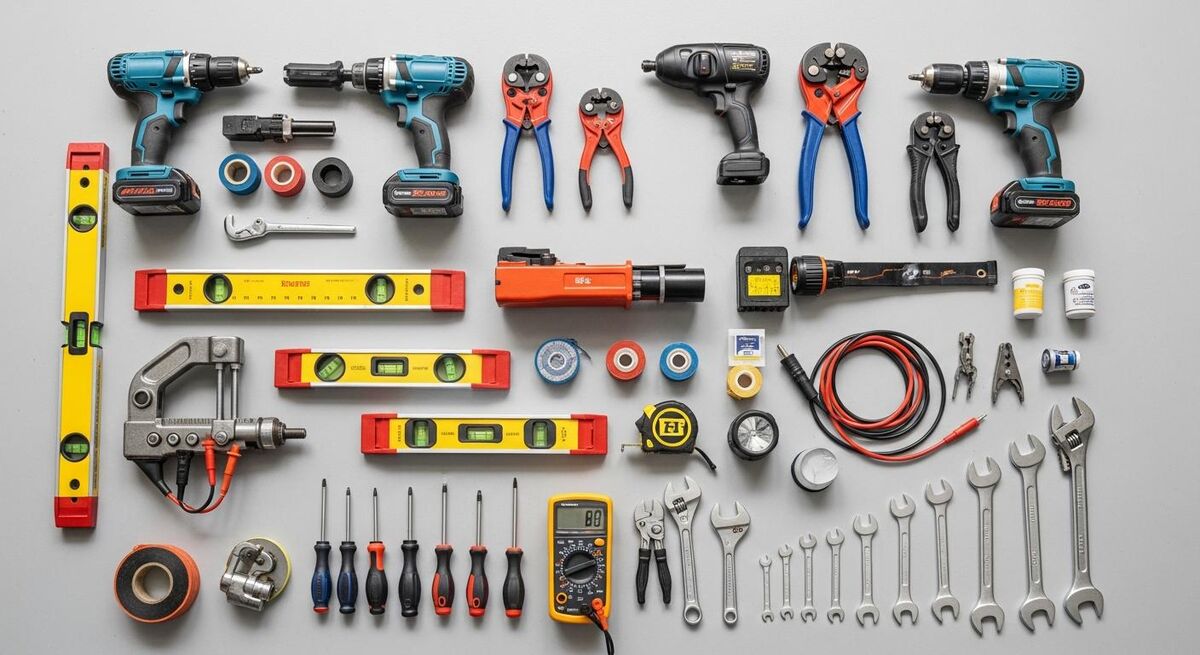 Tradesperson's tool kit laid out for an inventory: power tools, measuring instruments, hand tools, all photographed with serial numbers visible