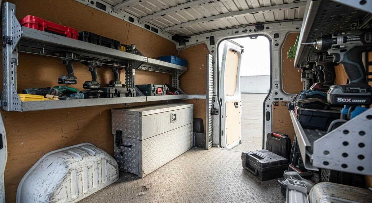 A tradesperson's secured van interior with bolted toolboxes and ply lining