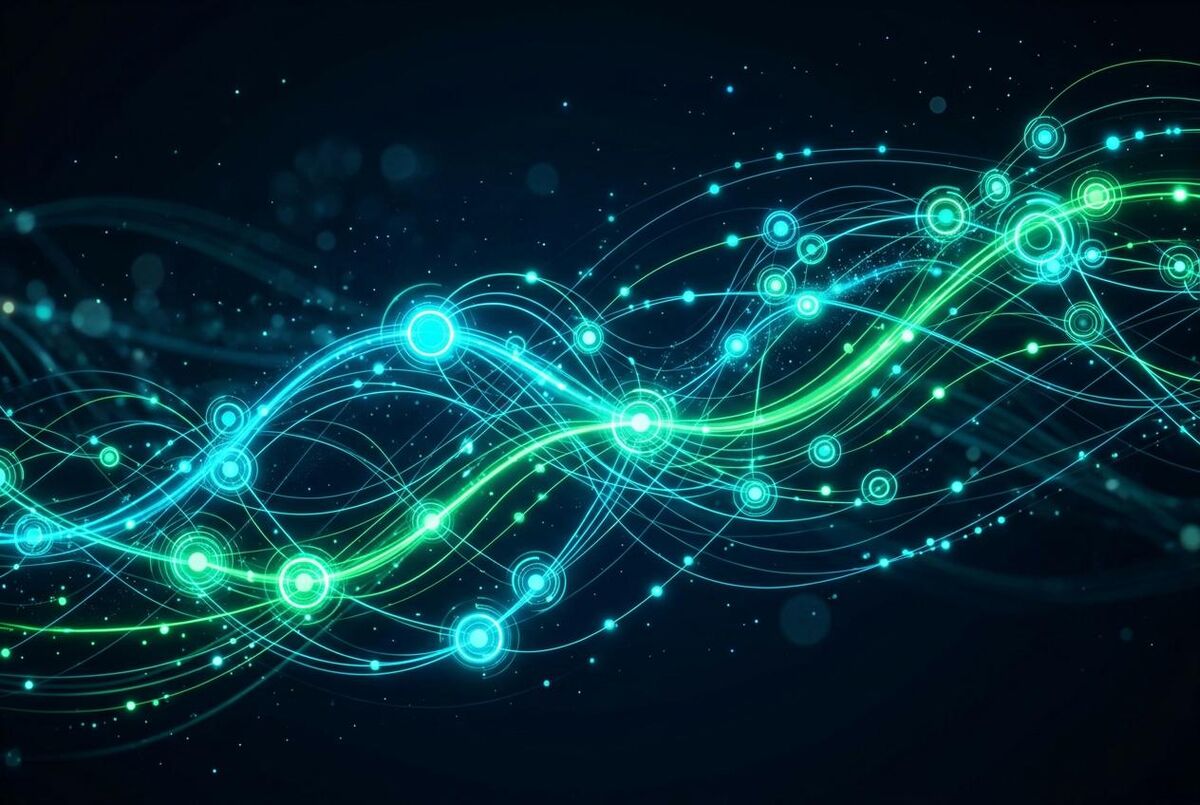 Abstract workflow diagram showing connected automation nodes
