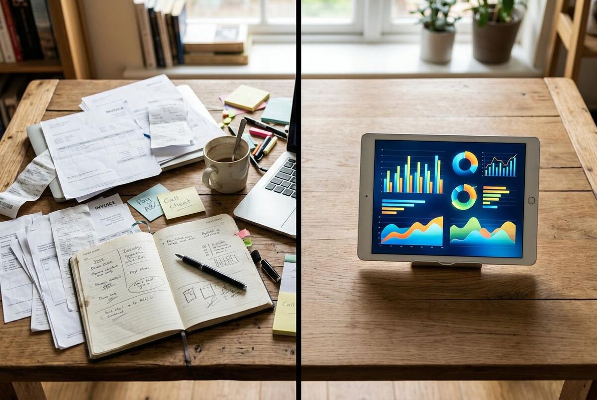 Split image comparing paper-based admin with clean digital tablet workflow