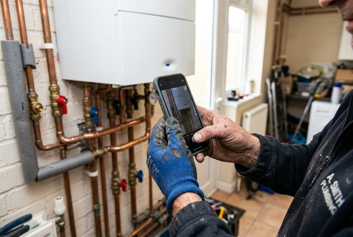 UK plumber photographing completed job for documentation