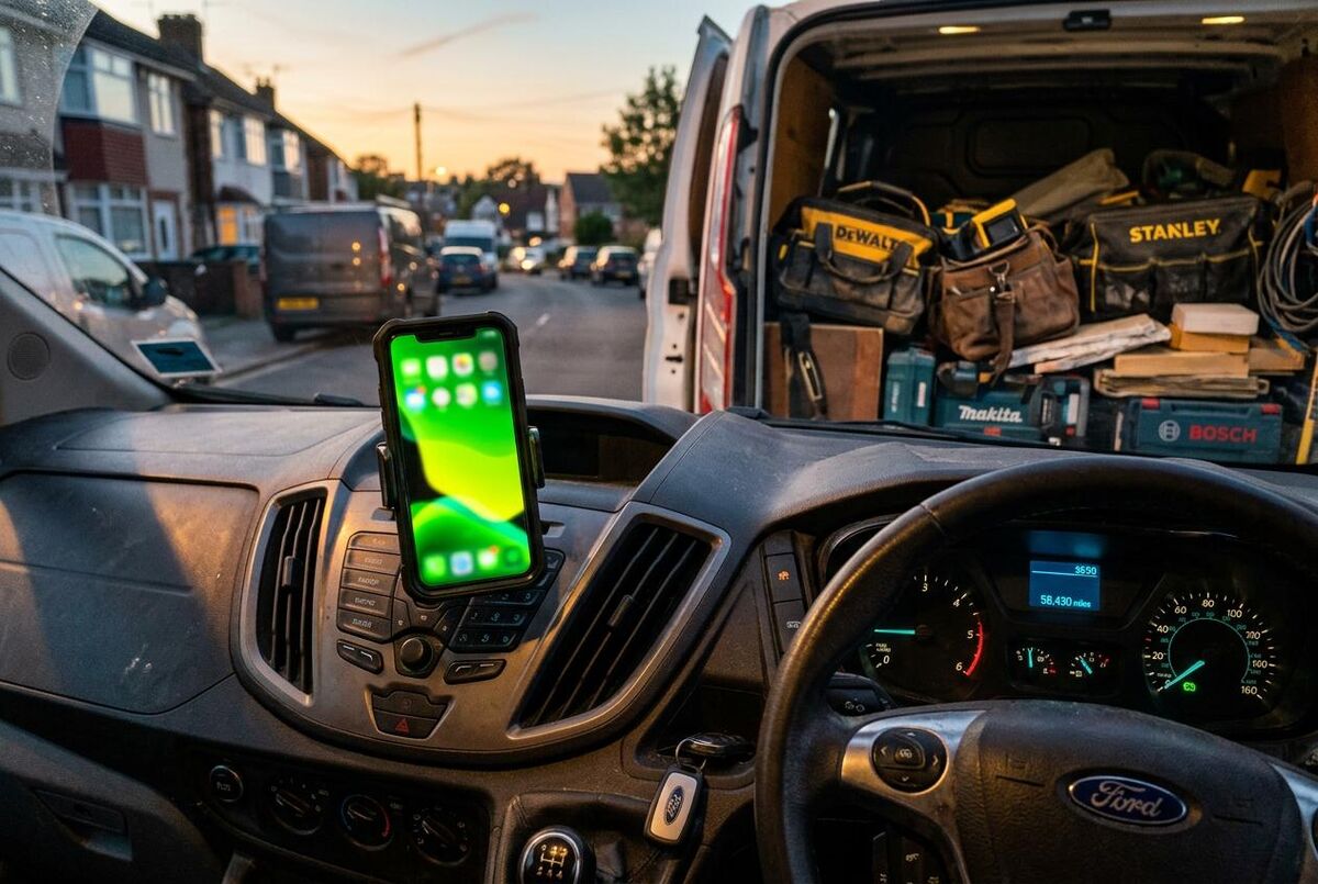 Van dashboard showing green payment notification on phone