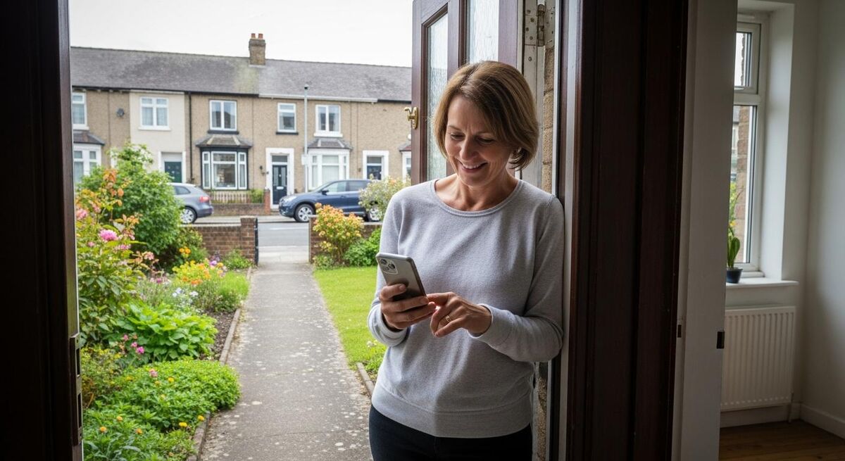 Homeowner at their front door smiling while looking at their phone after a completed job