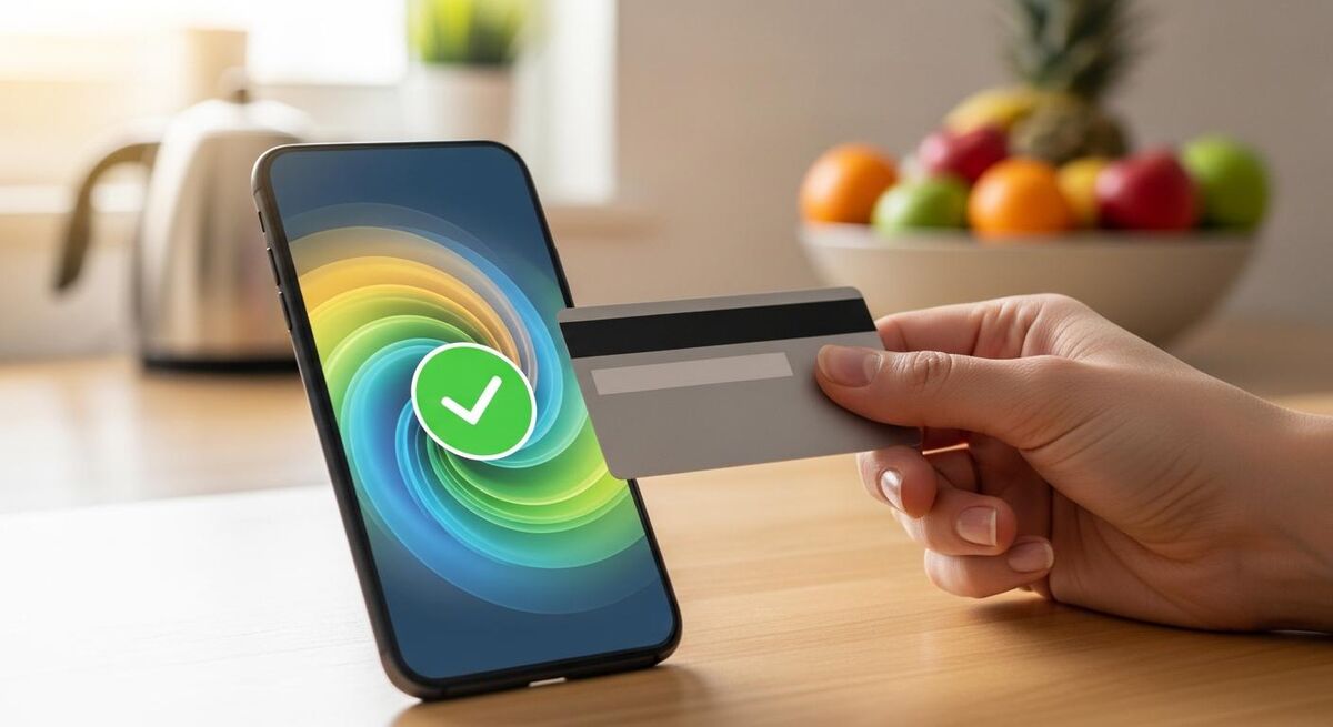 Customer holding a bank card next to a phone showing a payment confirmation screen