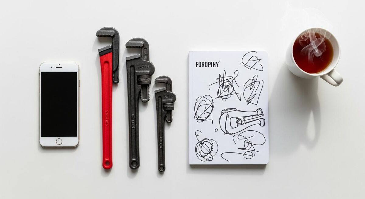 Flat lay of a tablet showing workflow arrows between app icons on a workshop bench