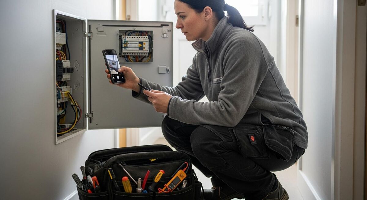 Close-up of a tradesperson using a smartphone app to log job details on site