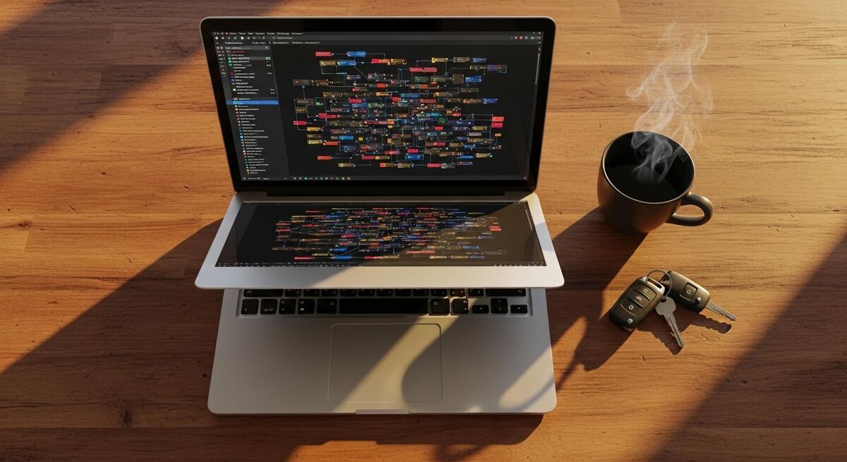 Overhead view of a laptop on a kitchen table showing abstract colourful workflow diagrams