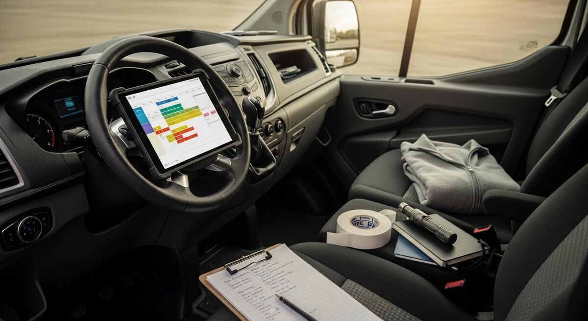 A van interior with a tablet showing a job schedule and a clipboard with notes