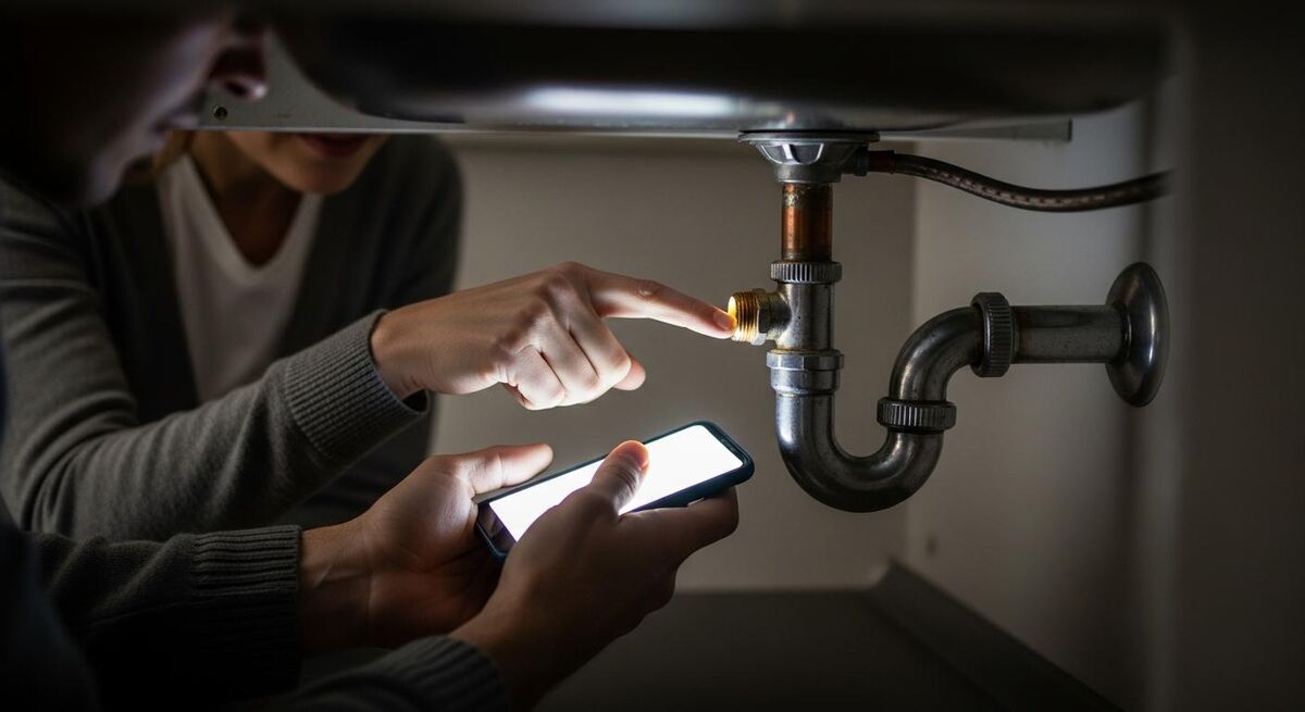 An engineer using a phone torch to show a homeowner a corroded fitting under a sink