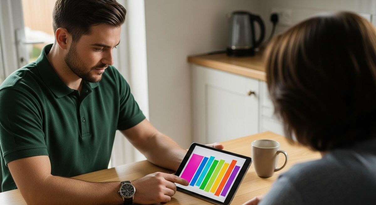 A plumber sitting at a kitchen table walking a homeowner through a quote on a tablet