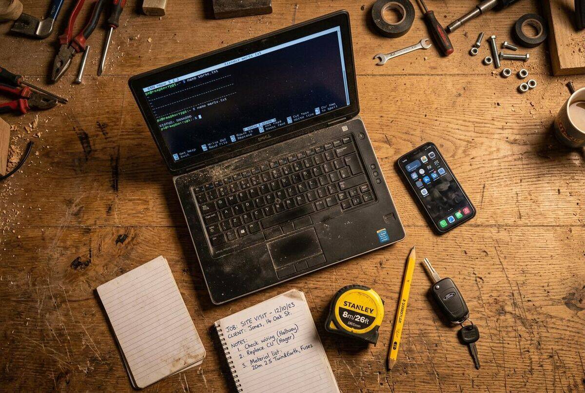 Tradesperson laptop on workbench showing terminal setup alongside tools and job notepad