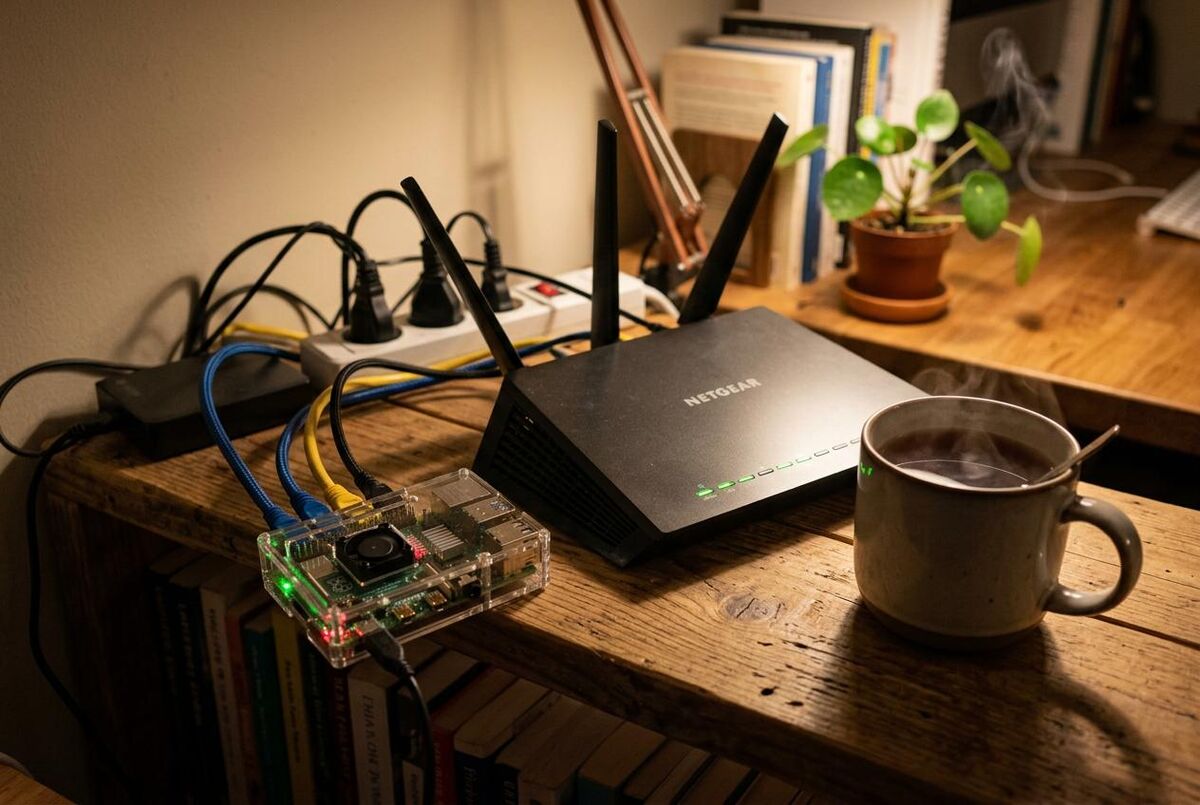 Raspberry Pi with blinking LEDs connected to a NETGEAR home router on a wooden shelf with steaming mug of tea