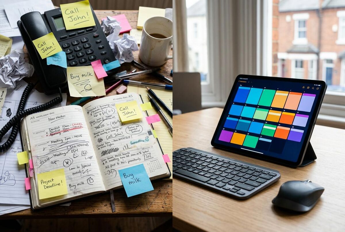Split image showing chaotic paper diary with sticky notes on left versus clean digital calendar interface on right