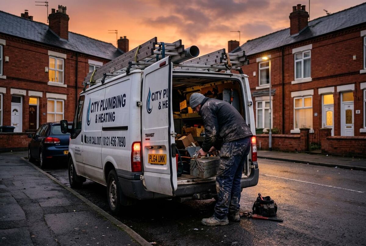 Plumber loading tools into van at dusk on a UK terraced street