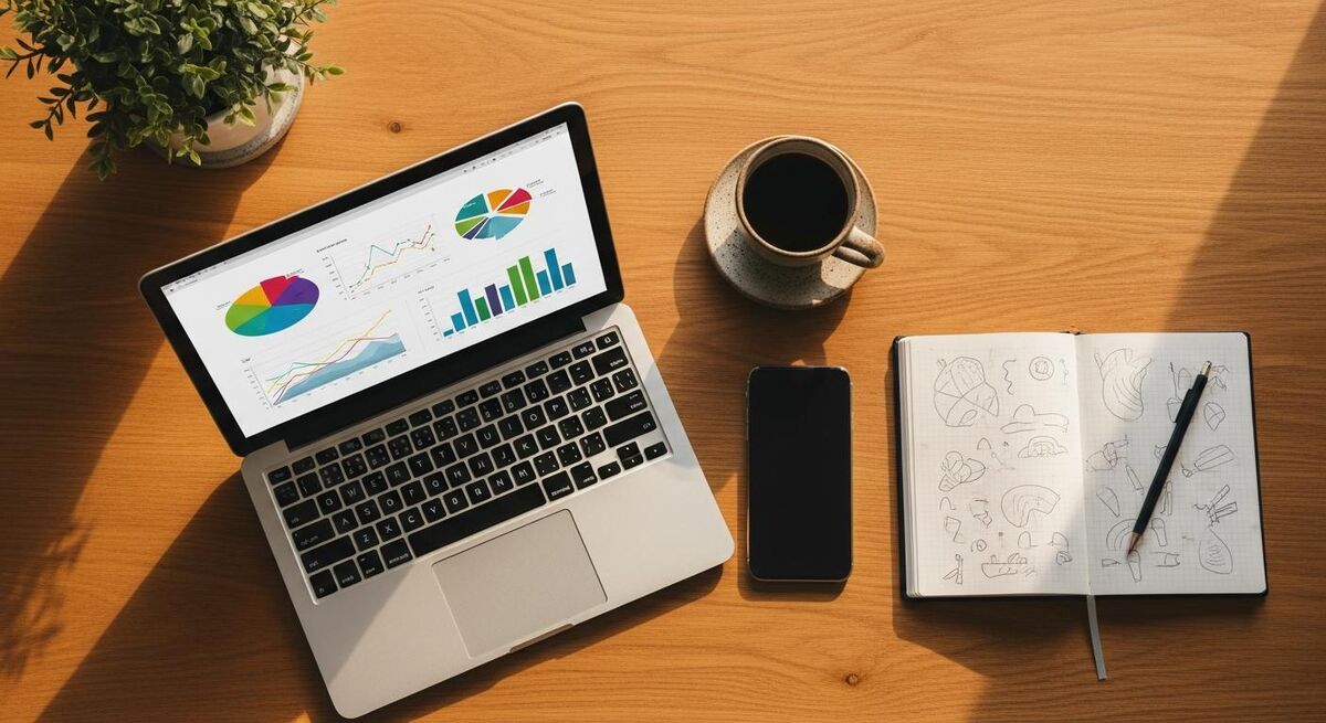 Home office desk with a laptop open showing abstract flowchart shapes and a phone showing WhatsApp icon notifications