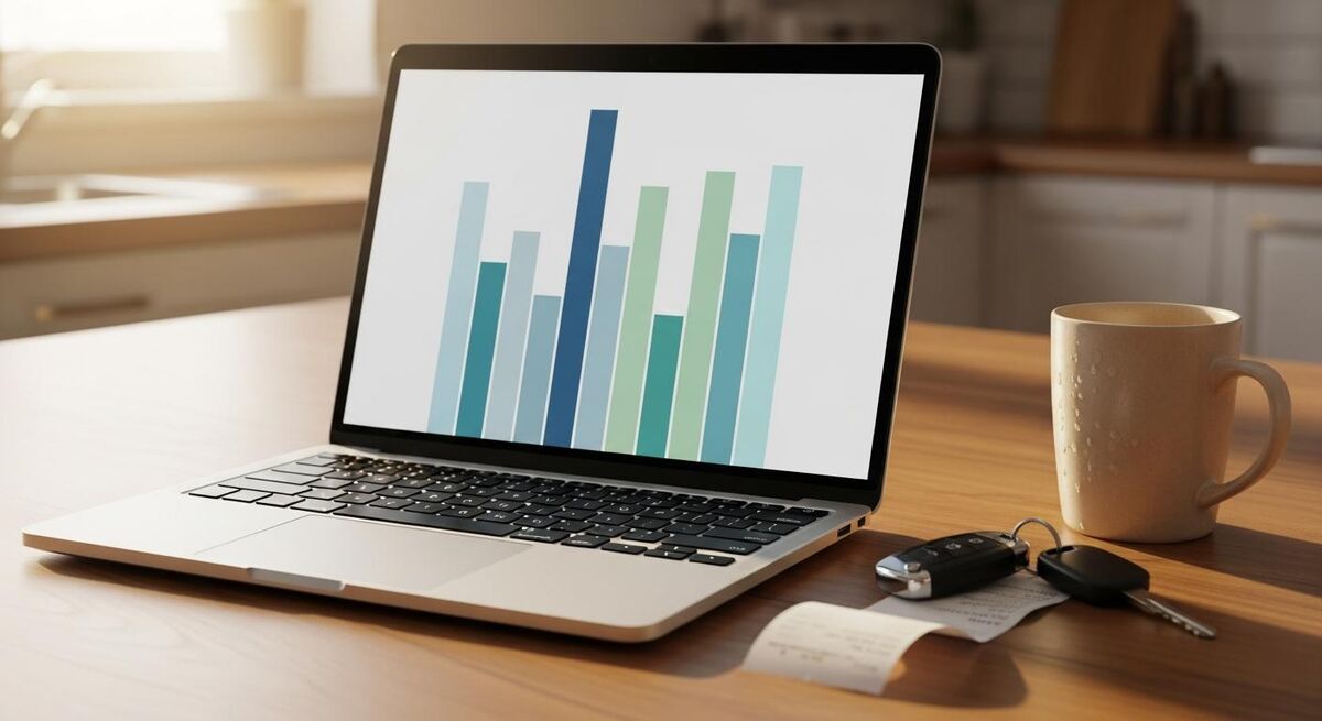 Laptop on a kitchen table showing an abstract spreadsheet with colourful bars and a coffee cup beside it
