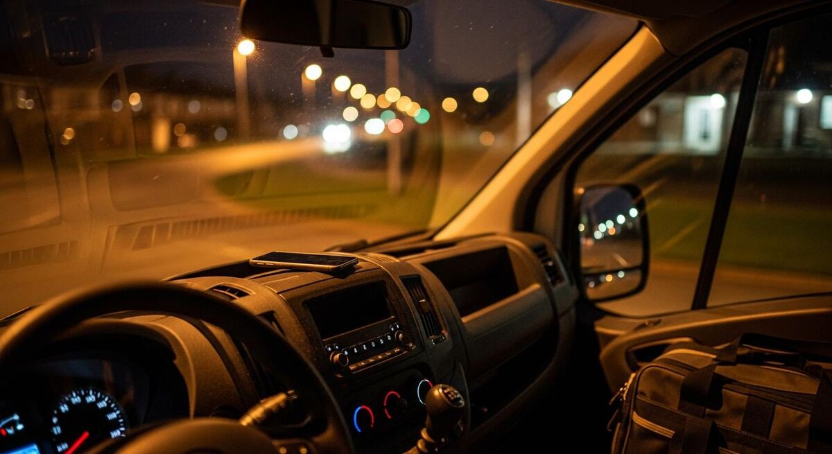 Tradesperson driving home in a van at dusk while a phone on the dashboard shows incoming WhatsApp message notifications