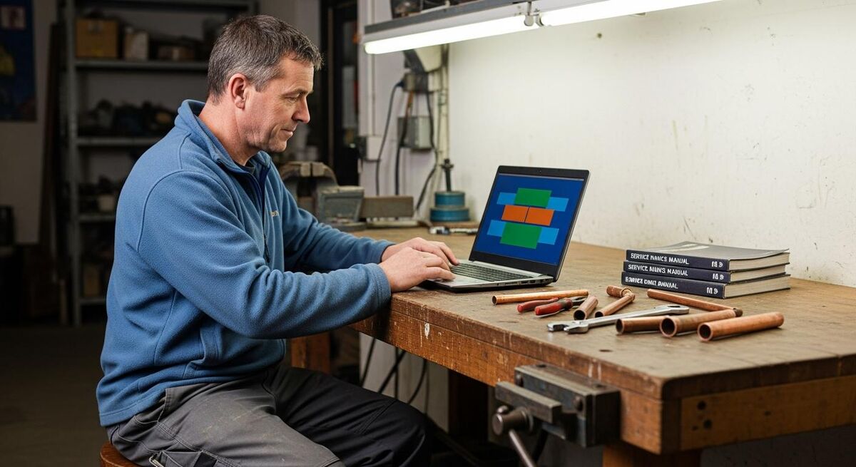 Trade business owner at a workshop bench writing an apprentice ad on a laptop