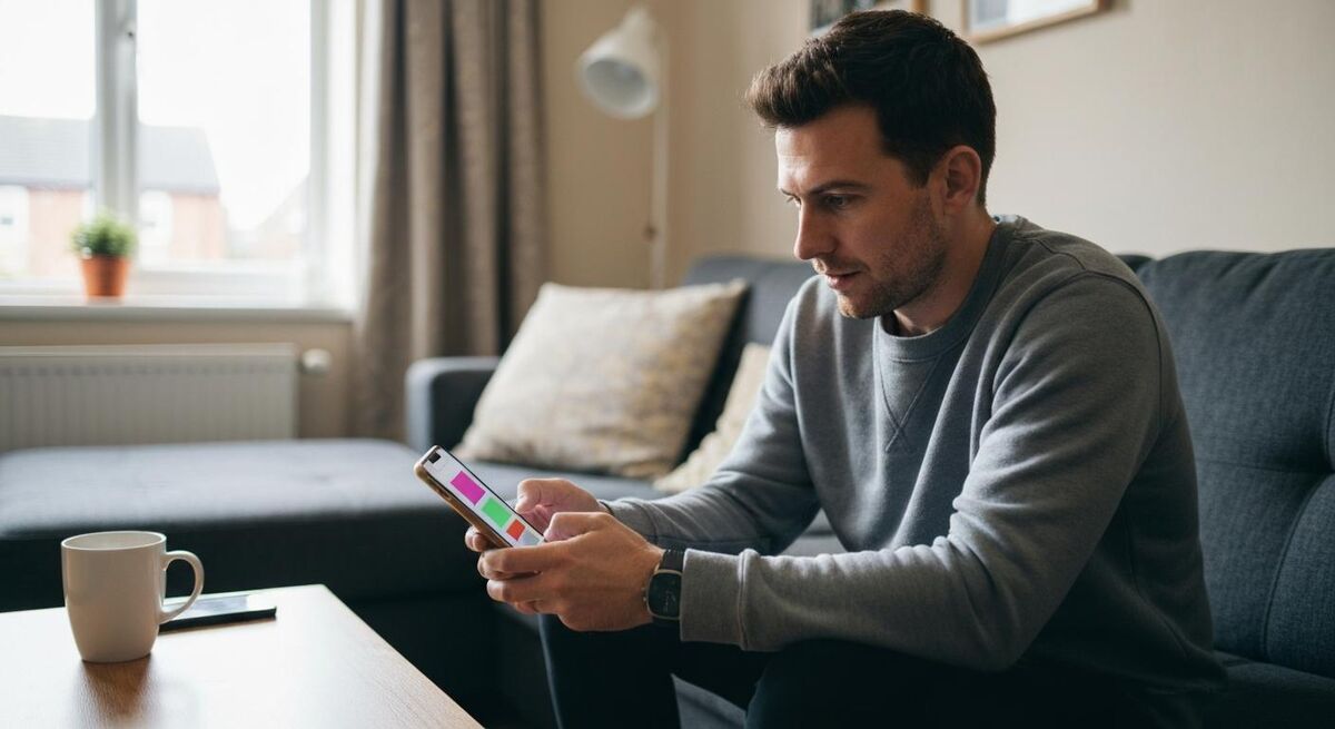 Young person scrolling a job ad on a phone in a kitchen