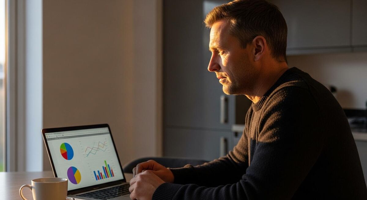 Trades business owner reviewing AI stock predictions on a laptop