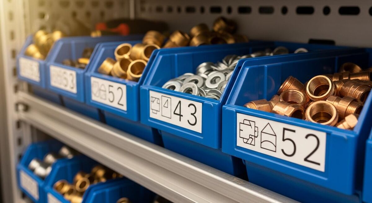 Labelled storage bins inside a UK trades van