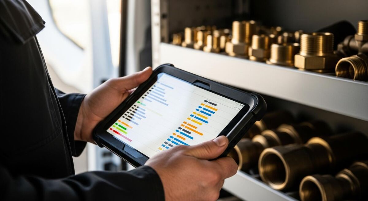 Engineer holding a rugged tablet showing a van stock list