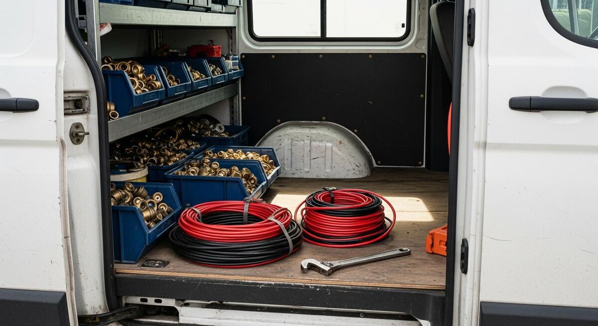 Inside of a UK plumber's work van with parts on shelves and racking