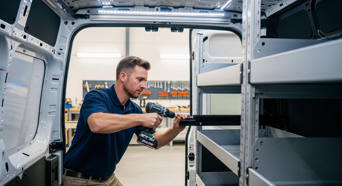 Professional van racking system being installed with modular shelving units and drawer systems