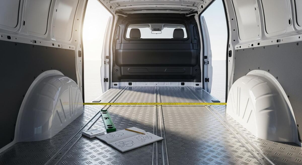 Empty trade van cargo area viewed from rear with measuring tape laid across the floor