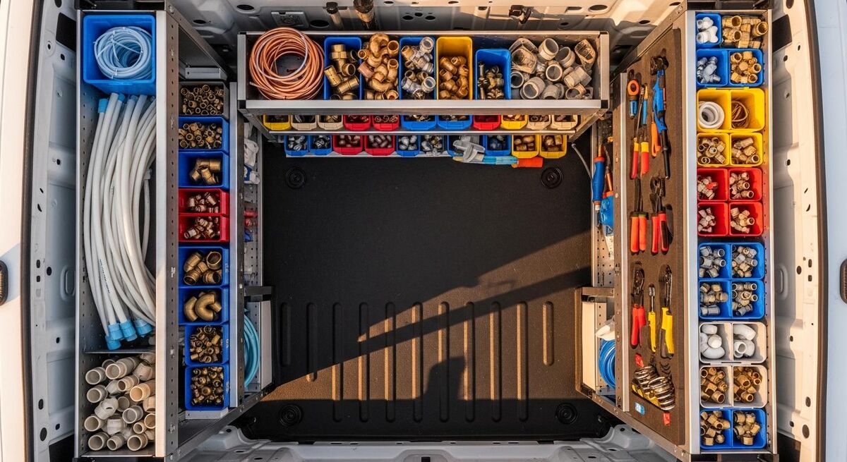 Well-organised trade van interior with labelled storage boxes on metal racking shelves