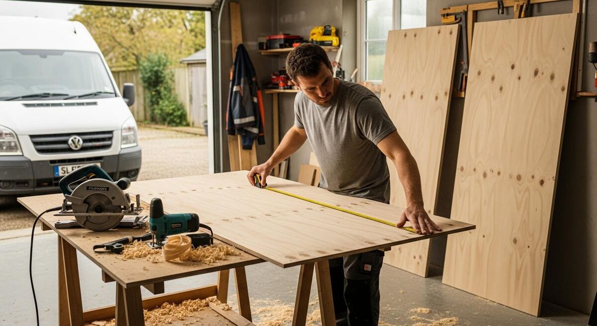 Plywood sheets being measured and cut in a workshop for van racking installation