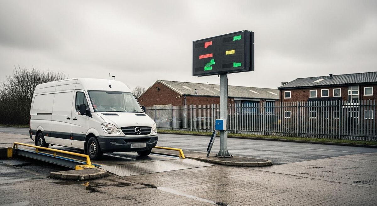 White trade van on a commercial weighbridge with digital weight display showing readings