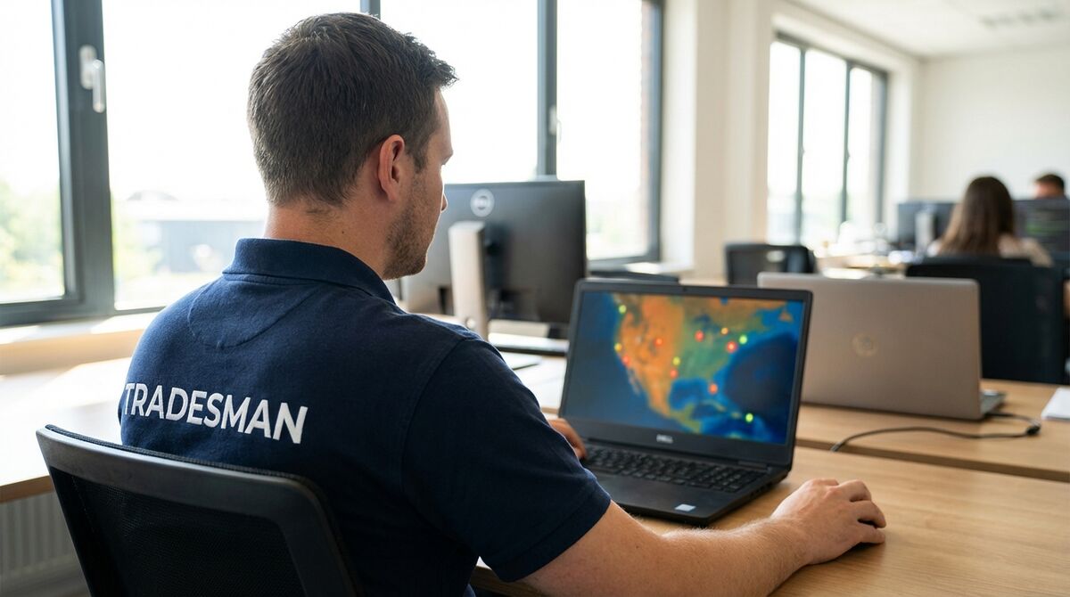 Tradesman reviewing fleet management dashboard on a laptop