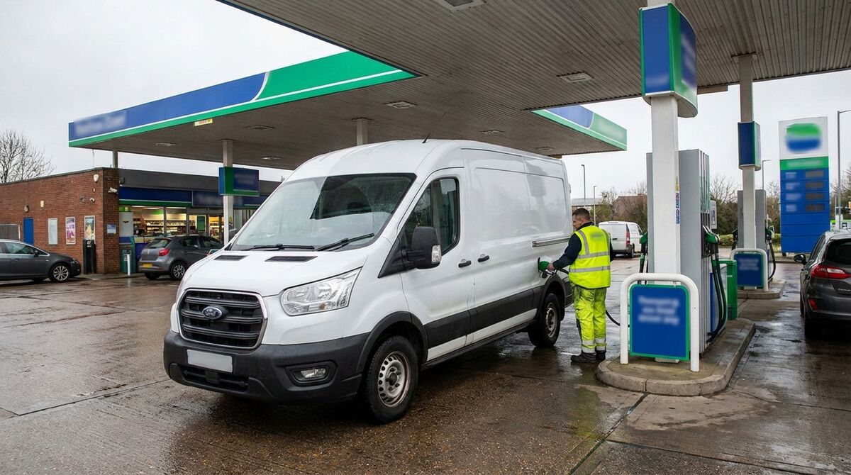 White Ford Transit van at a UK petrol station with tradesperson refuelling