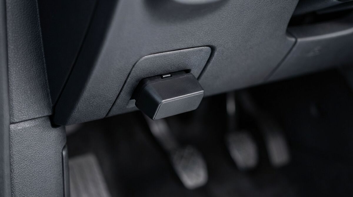 OBD2 GPS tracker plugged under the dashboard of a van