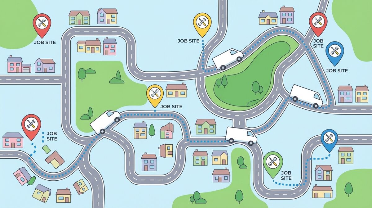 Illustrated map showing optimised van routes to multiple job sites
