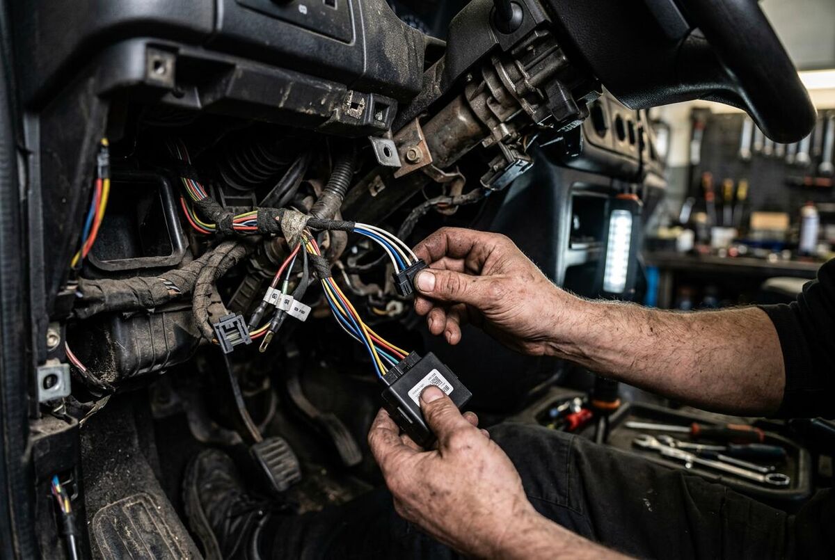 Mechanic installing Ghost 2 CAN bus immobiliser module under van dashboard