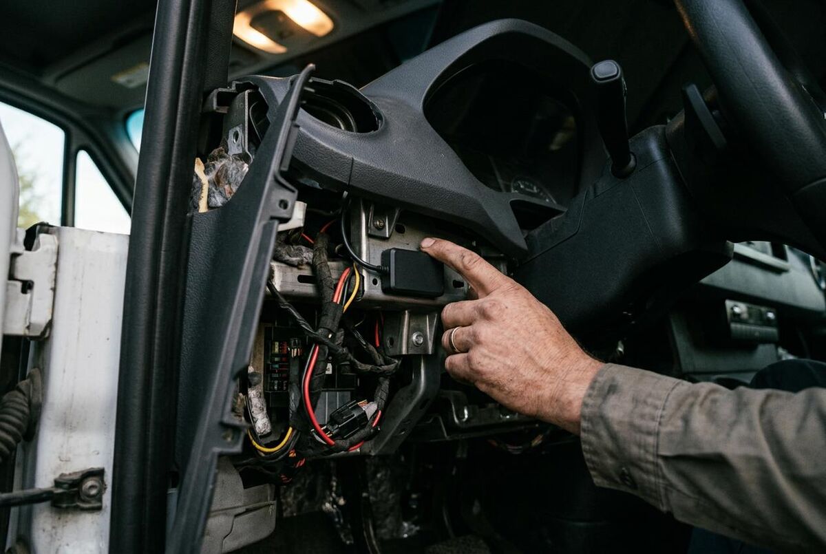 GPS tracking device mounted discreetly inside van interior panel