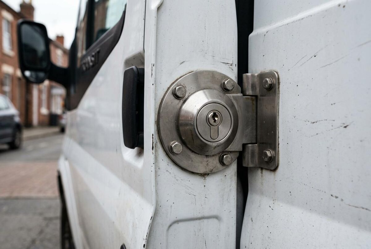 Close-up of stainless steel deadlock fitted to white work van side panel on UK street