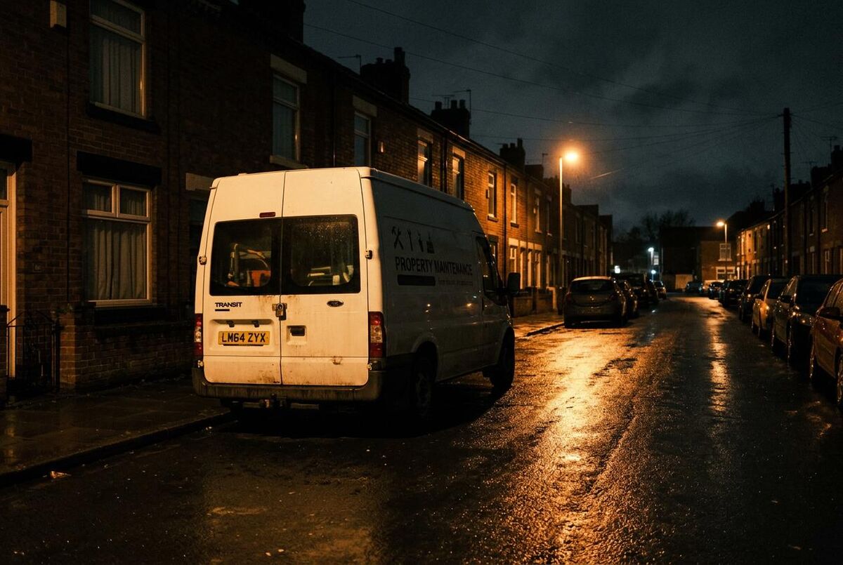 White trades van parked overnight on a UK residential street under amber street lighting