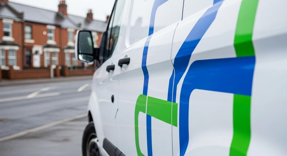 Side view of a neatly designed trades van with clear phone number and company name visible