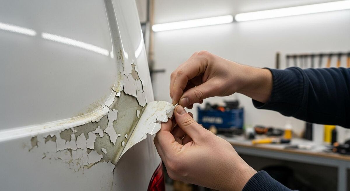 Tradesperson hand-washing the side panel of a wrapped van with a soft sponge