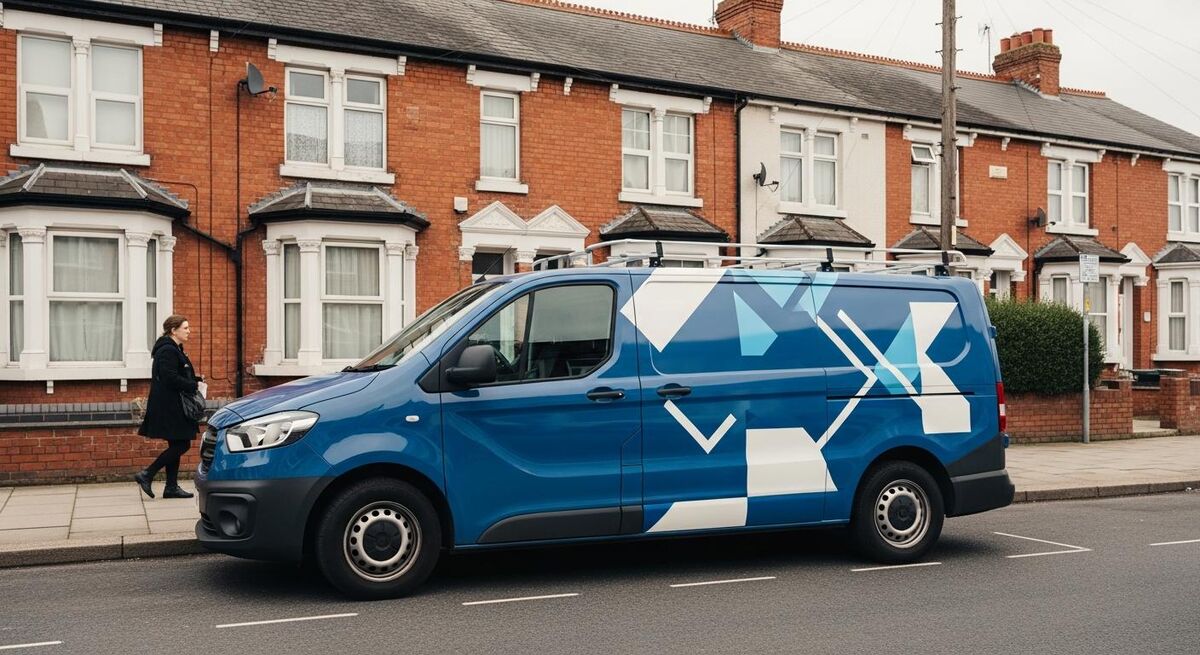 Wrapped plumbing van parked on a residential street with pedestrians walking past