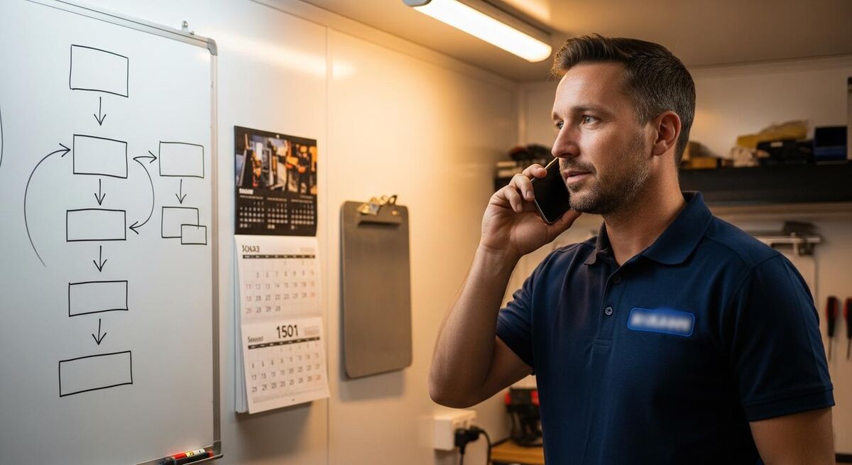 Tradesperson on the phone in their workshop with a clipboard and calendar on the wall