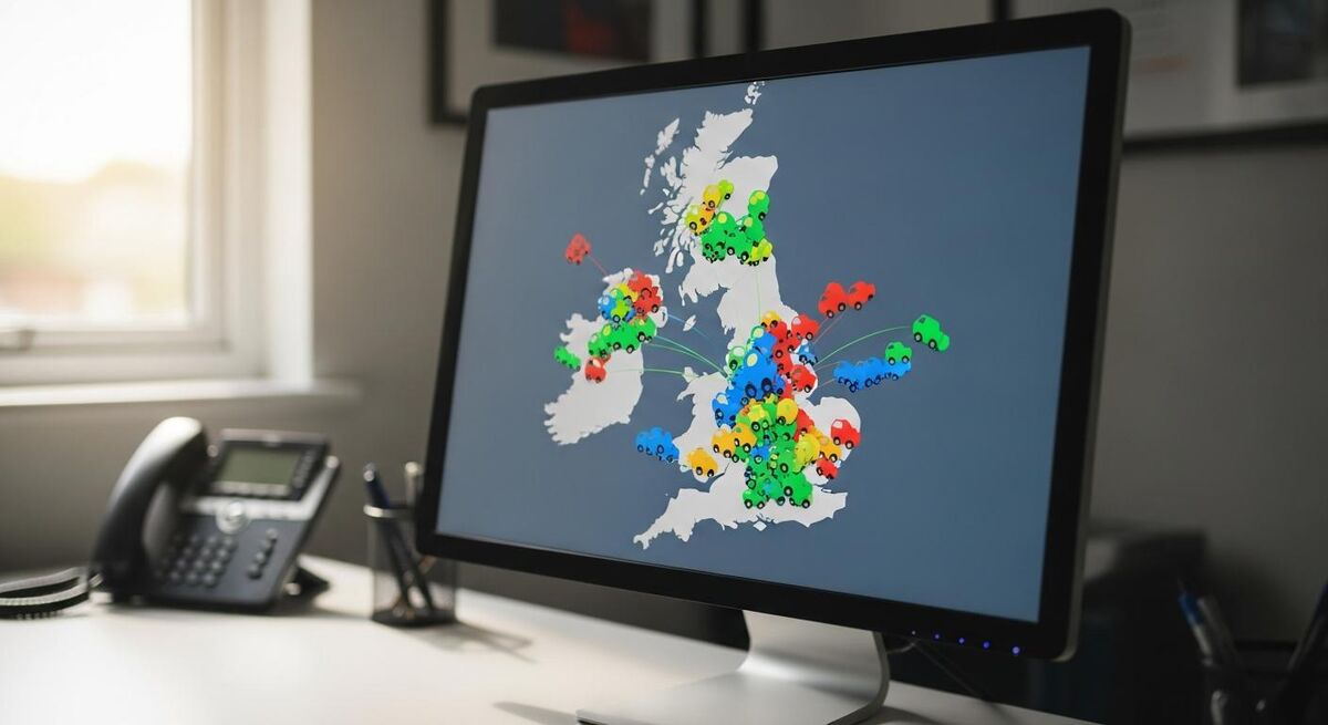 BigChange JobWatch interface showing live van locations on a UK map