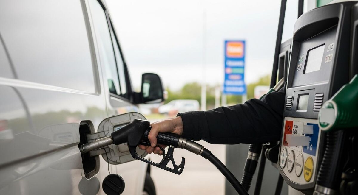 A van fuel pump with a tablet showing a fuel cost dashboard alongside