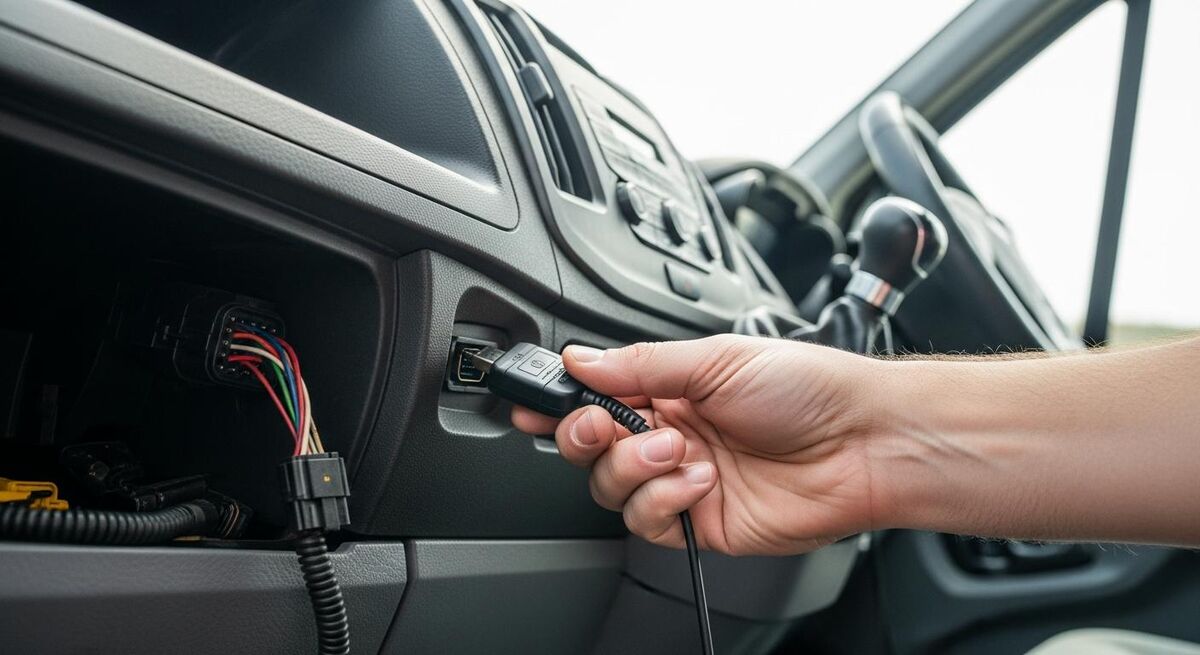 A tradesperson plugging a Vimcar OBD dongle into the diagnostic port under a van dashboard