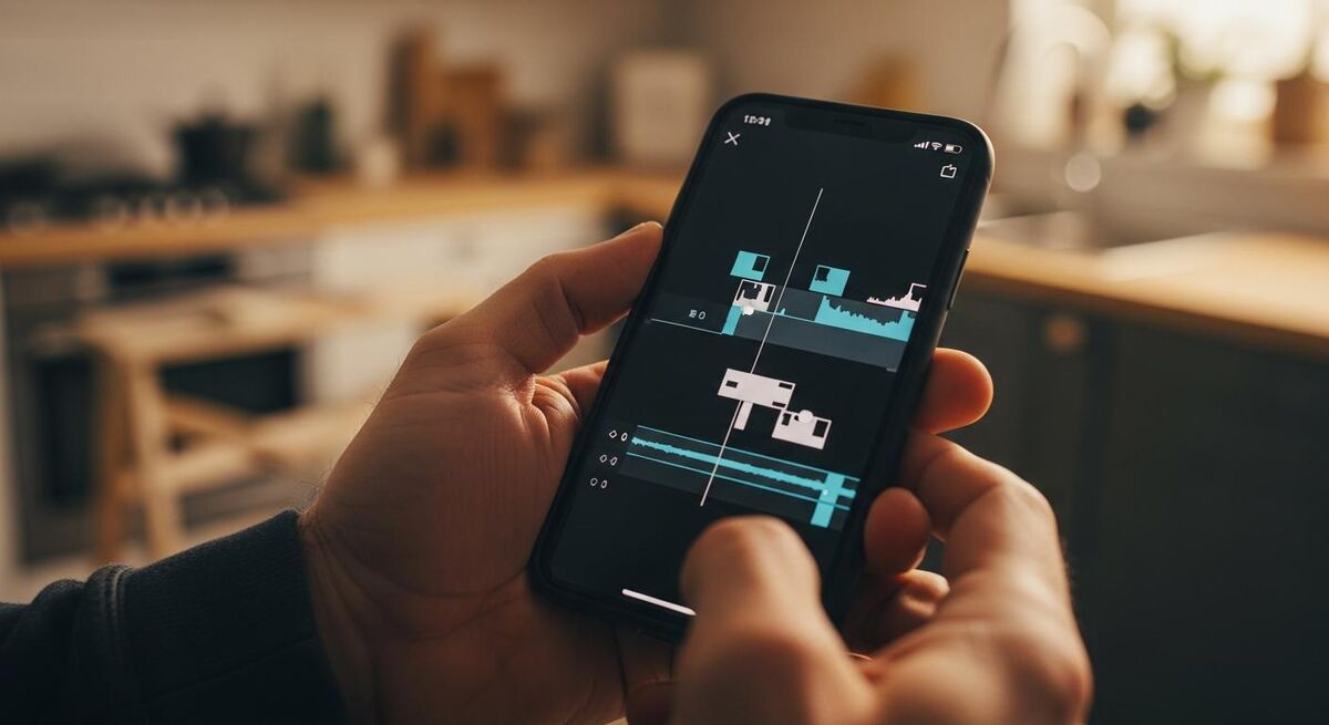 Hands editing a vertical video on an iPhone screen using a free editing app with a job site visible in the background